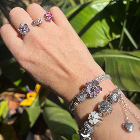 Peach Blossom Flowers Silver Double Ring - Size 8/9.5 - Picture 3 of 14